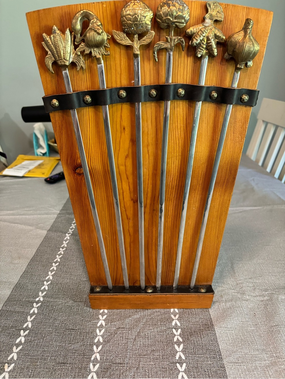 Vintage Brass-Top Vegetable Skewers with Wooden Stand holder - set of six